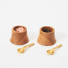 Oak Pinch Bowls with Spoons on a linen table cloth with an oak mortat and marble pestle.
